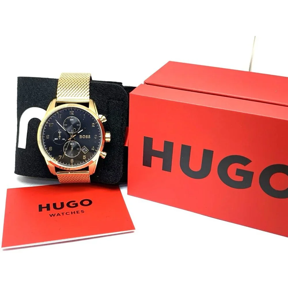 Hugo Boss Men's Watch 1513838 Quartz Chronograph Black Dial Gold Mesh Steel 44mm